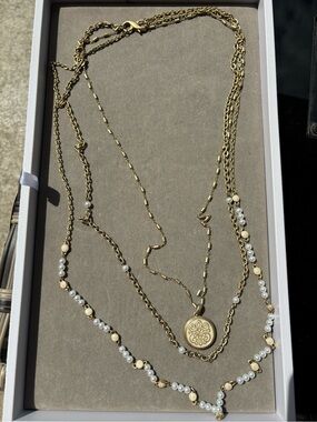 Lia Sophia Gold-Tone Layered Necklace with White Beads and Medallion